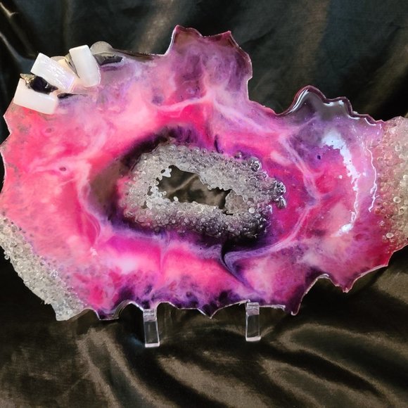Genuine Crystal Quartz and Selenite on pink Geode with Stand - Picture 1 of 3
